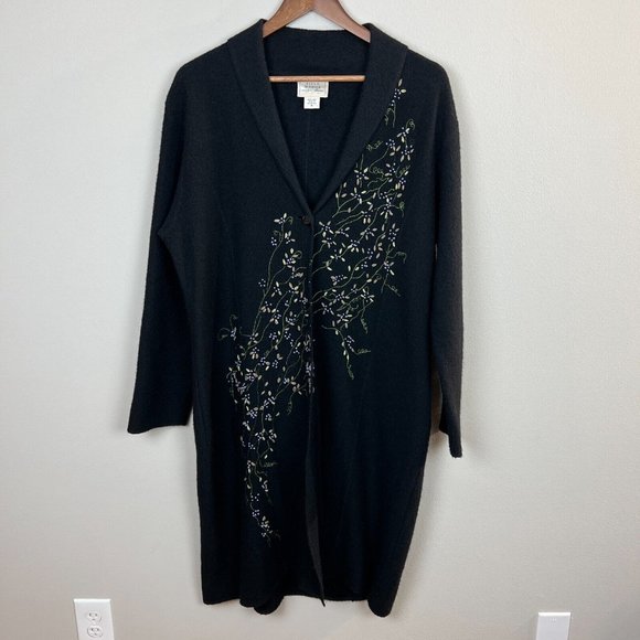 Field Manor Duster Cardigan Sweater M Black Embroidered Boiled 100% Wool Floral - Picture 10 of 10